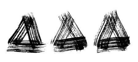 Black grunge brush strokes in triangle shape. Set of three painted ink triangles. Ink spot isolated on white background. vector illustrationのイラスト素材