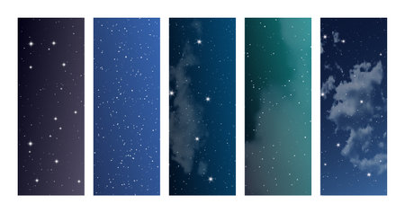 Night sky with clouds and many stars. Set of abstract nature vertical backgrounds with stardust in deep universe. vector illustrationのイラスト素材