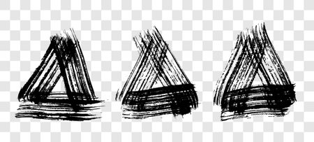 Black grunge brush strokes in triangle shape. Set of three painted ink triangles. Ink spot isolated on transparent background. vector illustrationのイラスト素材