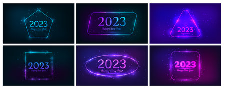 2023 Happy New Year neon background. Set of neon backdrops with circle frames with shining effects...