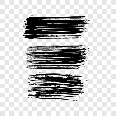 Set of three black brush strokes. Hand drawn ink spots isolated on transparent background. vector illustrationのイラスト素材