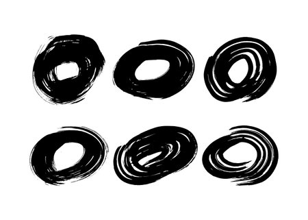 Black grunge brush strokes in circle shape. Set of painted ink circles. Ink spot isolated on white background. vector illustrationのイラスト素材