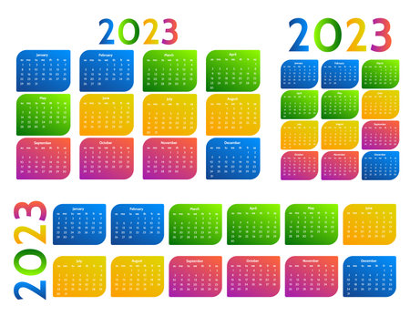Set of three calendars for 2023 in different forms isolated on a white background. Sunday to Monday business template. vector illustrationのイラスト素材