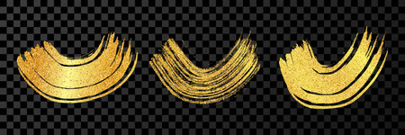 Gold grunge semicircular brush strokes. Set of painted wavy ink stripes. Ink spot isolated on dark transparent background. vector illustrationのイラスト素材