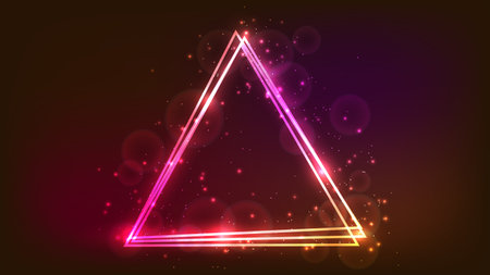 Neon triangular frame with shining effects and sparkles on dark background. Empty glowing techno backdrop. vector illustrationのイラスト素材