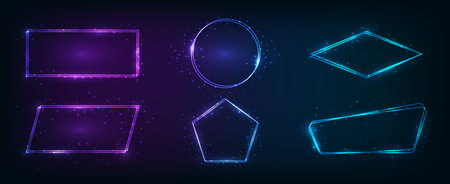 Set of six neon double frames in different geometric shapes with shining effects and sparkles on dark background. Empty glowing techno backdrop. vector illustrationのイラスト素材