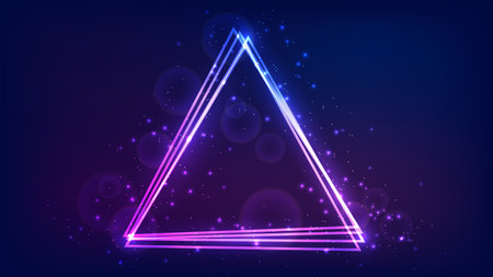 Neon triangular frame with shining effects and sparkles on dark background. Empty glowing techno backdrop. vector illustrationのイラスト素材