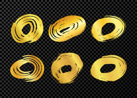 Gold grunge brush strokes in circle shape. Set of painted ink circles. Ink spot isolated on dark transparent background. vector illustrationのイラスト素材