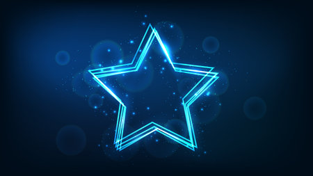 Neon frame in star form with shining effects and sparkles on dark background. Empty glowing techno backdrop. vector illustrationのイラスト素材