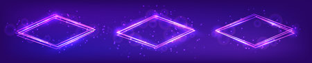Set of three neon rhombus frames with shining effects and sparkles on dark background. Empty glowing techno backdrop. vector illustrationのイラスト素材