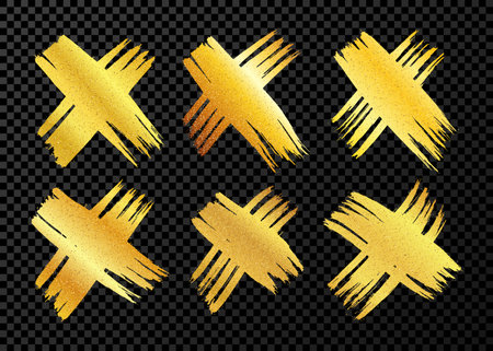 Hand drawn brush cross symbol. Set of six gold sketch cross symbols on dark transparent background. vector illustrationのイラスト素材