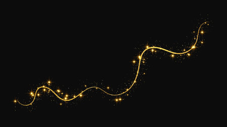 Gold glittering confetti wave and stardust. Golden magical sparkles on dark background. vector illustrationのイラスト素材