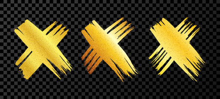 Hand drawn brush cross symbol. Set of gold sketch cross symbols on dark transparent background. vector illustrationのイラスト素材