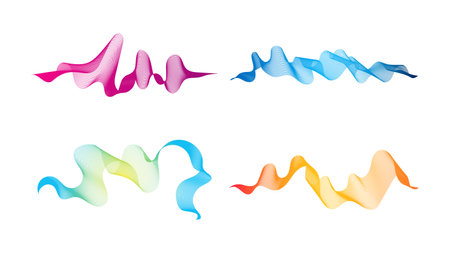 Curved wavy stripes. Set of four abstract colored gradient wave lines on white background. vector illustrationのイラスト素材