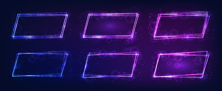 Set of neon rectangular frames with shining effects and sparkles on dark background. Empty glowing techno backdrop. vector illustrationのイラスト素材