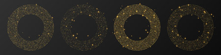 Abstract gold glowing halftone dotted background. Set of four gold glitter patterns in circle shape. Circle halftone dots. vector illustrationのイラスト素材