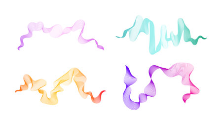 Curved wavy stripes. Set of four abstract colored gradient wave lines on white background. vector illustrationのイラスト素材