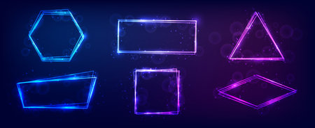 Set of six neon frames in different geometric shapes with shining effects and sparkles on dark background. Empty glowing techno backdrop. vector illustrationのイラスト素材