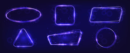 Set of six neon frames in different geometric shapes with shining effects and sparkles on dark background. Empty glowing techno backdrop. vector illustrationのイラスト素材