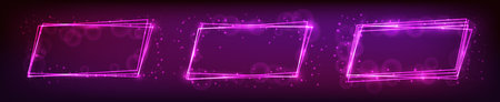 Set of three neon rectangular frames with shining effects and sparkles on dark background. Empty glowing techno backdrop. vector illustrationのイラスト素材