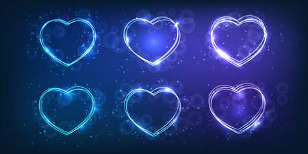 Set of neon frames in heart shape with shining effects and sparkles on dark background. Empty glowing techno backdrop. vector illustrationのイラスト素材