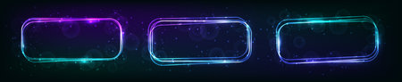 Set of three neon rounded rectangular frames with shining effects and sparkles on dark background. Empty glowing techno backdrop. vector illustrationのイラスト素材