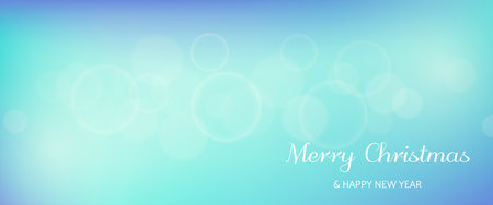 Christmas card featuring a blurred bokeh light effect blue background with circular blur lights and the inscription Merry Christmas and Happy New Year. vector illustrationのイラスト素材