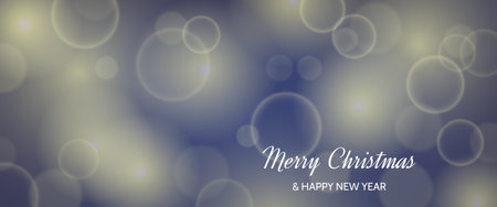 Christmas card featuring a blurred bokeh light effect dark background with circular blur lights and the inscription Merry Christmas and Happy New Year. vector illustrationのイラスト素材