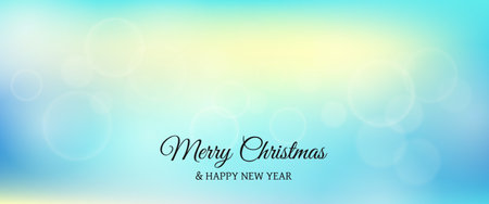 Christmas card featuring a blurred bokeh light effect blue background with circular blur lights and the inscription Merry Christmas and Happy New Year. vector illustrationのイラスト素材