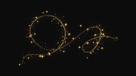 Gold glittering confetti wave and stardust. Golden magical sparkles on dark background. vector illustrationのイラスト素材