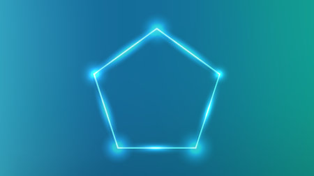 Neon frame in pentagon shape with shining effects on blue background. Empty glowing techno backdrop....