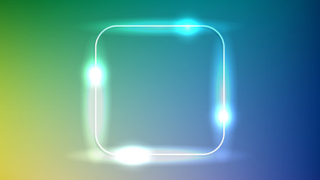 Neon rounded square frame with shining effects on dark green background. Empty glowing techno backdrop. vector illustrationのイラスト素材