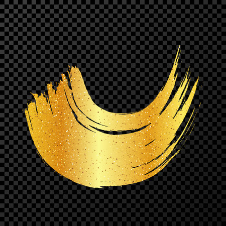 Gold grunge semicircular brush strokes. Painted wavy ink stripes. Ink spot isolated on dark transparent background. vector illustrationのイラスト素材