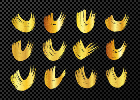 Gold grunge semicircular brush strokes. Big set of painted wavy ink stripes. Ink spot isolated on dark transparent background. vector illustrationのイラスト素材