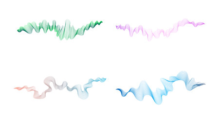 Curved wavy stripes. Set of four abstract colored gradient wave lines on white background. vector illustrationのイラスト素材