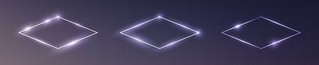 Set of three neon rhombus frames with shining effects on dark background. Empty glowing techno backdrop. vector illustrationのイラスト素材
