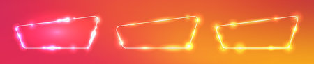 Set of three neon frames with shining effects on orange background. Empty glowing techno backdrop. vector illustrationのイラスト素材