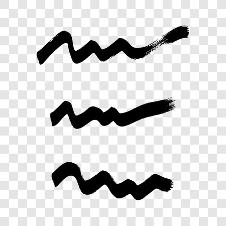 Black wavy grunge brush strokes. Set of three painted ink stripes. Ink spot isolated on transparent background. vector illustrationのイラスト素材