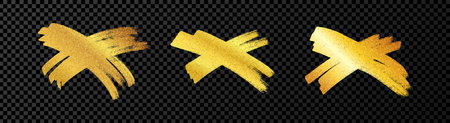 Hand drawn brush cross symbol. Set of gold sketch cross symbols on dark transparent background....