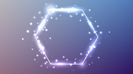 Neon hexagon frame with shining effects and sparkles on violet background. Empty glowing techno backdrop. Vector illustrationのイラスト素材