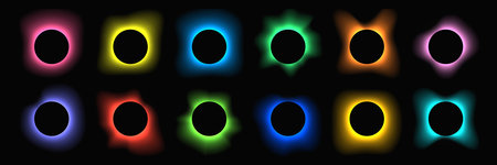 Circle illuminate frame with gradient. Big set of round neon banners isolated on black background. vector illustrationのイラスト素材
