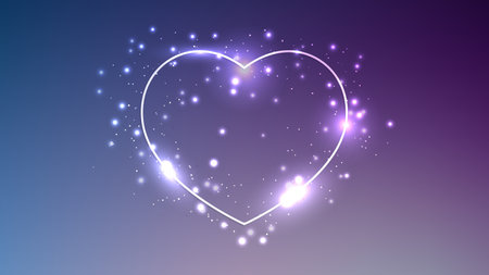 Neon frame in heart form with shining effects and sparkles on blue background. Empty glowing techno backdrop. Vector illustrationのイラスト素材