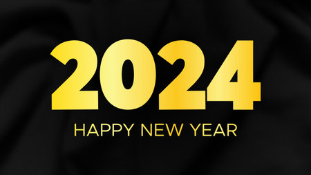2024 Happy New Year background. Modern greeting banner template with gold 2024 New Year numbers on...