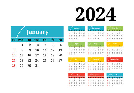 Calendar for 2024 isolated on a white background. Sunday to Monday business template. vector illustrationのイラスト素材