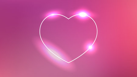Neon frame in heart shape with shining effects on pink background. Empty glowing techno backdrop. vector illustrationのイラスト素材