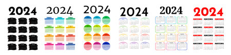Set of six calendars for 2024 isolated on a white background. Sunday to Monday business template. vector illustrationのイラスト素材
