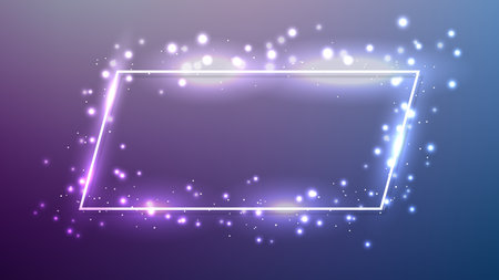 Neon frame with shining effects and sparkles on purple background. Empty glowing techno backdrop. Vector illustrationのイラスト素材