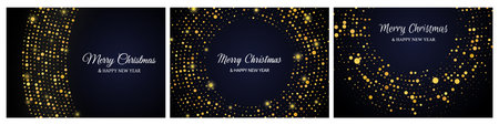 Merry Christmas and Happy New Year backdrops with gold glitter pattern in circle shape. Set of abstract gold glowing halftone dotted backgrounds for Christmas holiday greeting card on dark background. vector illustrationのイラスト素材
