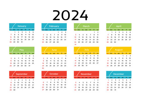 Calendar for 2024 isolated on a white background. Sunday to Monday business template. vector illustrationのイラスト素材