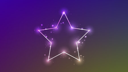 Neon frame in star form with shining effects and sparkles on dark background. Empty glowing techno backdrop. vector illustrationのイラスト素材